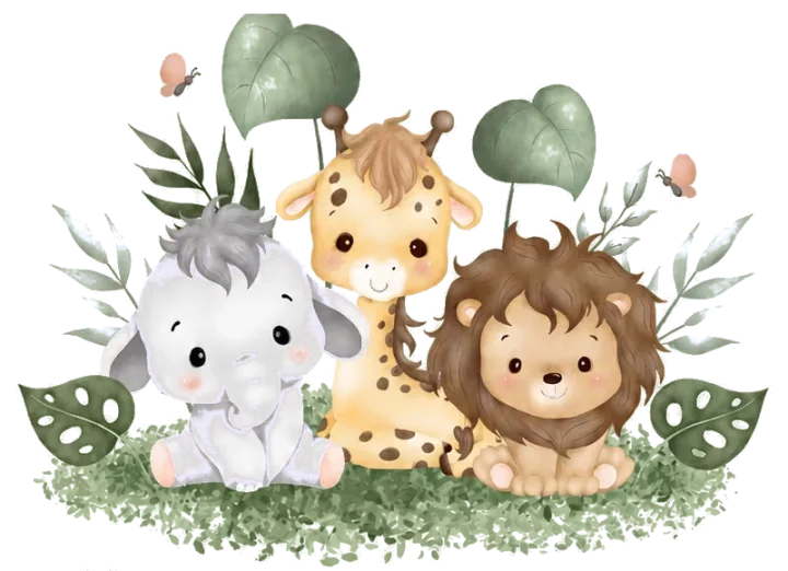 Ilustración en acuarela de un elefante, una jirafa y un león bebés sentados en la hierba